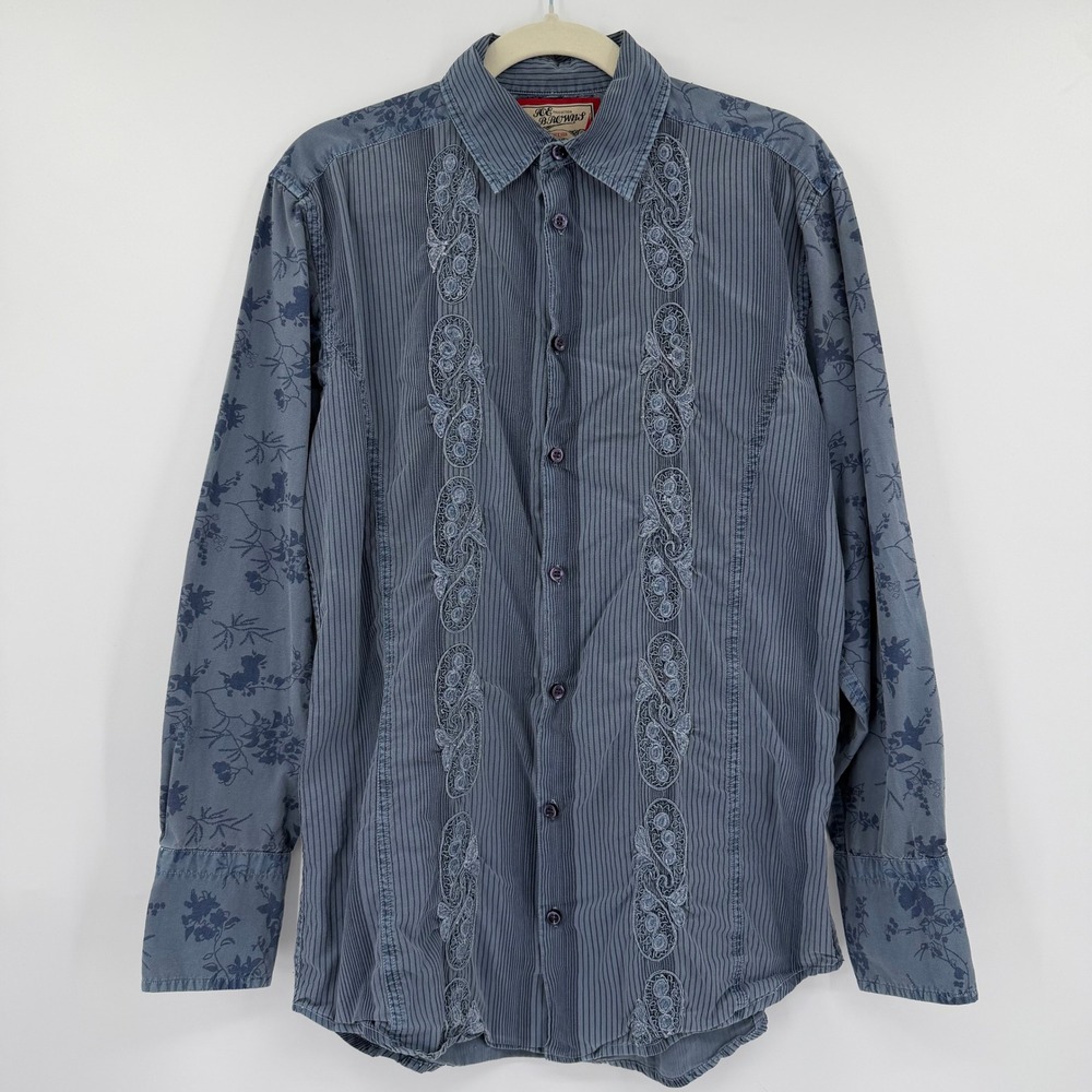 Joe Browns Blue Striped Floral Paisley Embroidered Button Down Shirt Medium